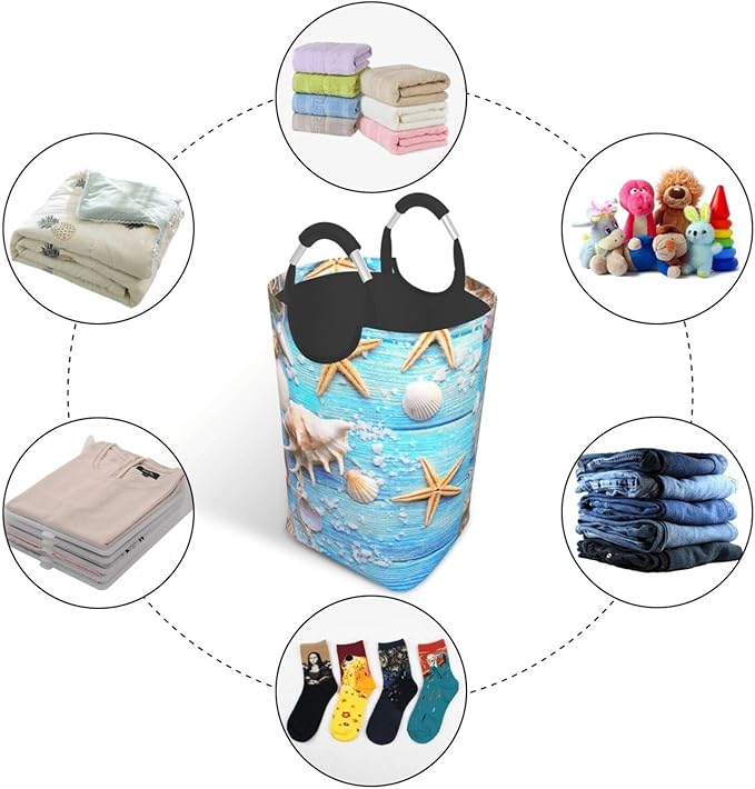 Beach Wooden Starfish Laundry Basket Seashell Laundry Hamper Blue Collapsible Baskets with Handle Laundry Bag Dirty Clothes Hamper Bag for Dorm Family Bathroom Decor Storage 50L