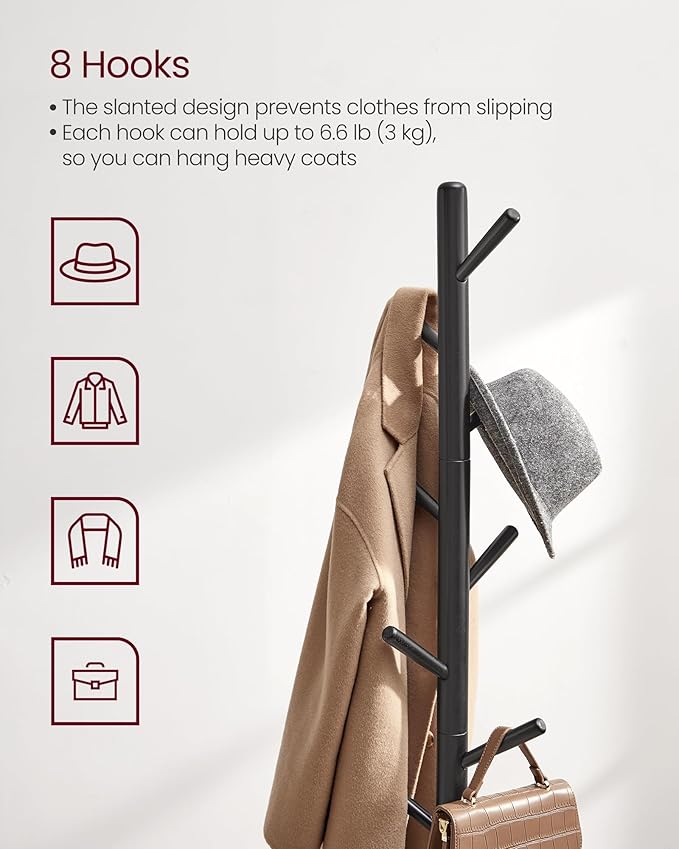 VASAGLE Solid Wood Coat Rack, Free Standing Tree-Shaped Coat Rack with 8 Hooks, 3 Height Options, for Clothes, Hats, Bags, Living Room, Bedroom, Home Office, Ink Black URCR001B01