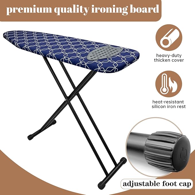 Classic Ironing Board, Compact and Space Saver,Size 43 x 13 Ironing Board, Extra Wide Ironing Area with Extra Thick Heavy Duty Padded, Stable Structure,Easy to Fold Blue Geometry