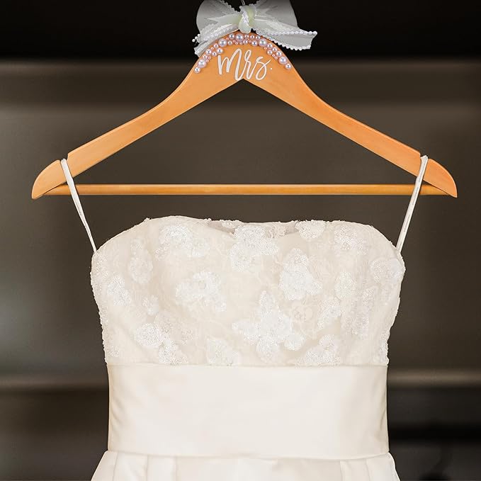 Bride Wedding Dress Pearl Mrs. Hanger with Pearl Ribbon Bow Elegant Wooden Dress Hanger to Be Ideal Keepsake for Wedding Day Gift (Wood Color,Mrs)
