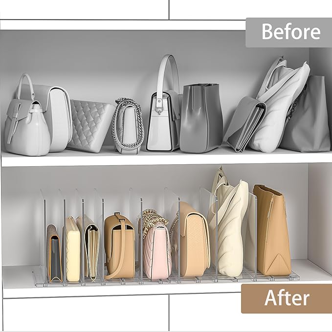 Bag Purse Organizer for Closet: Shelf Dividers Adjustable Acrylic Handbag Storage - Plastic Closet Organizers and Storage for Clutches - Keep Carteras & Pocketbook Upright
