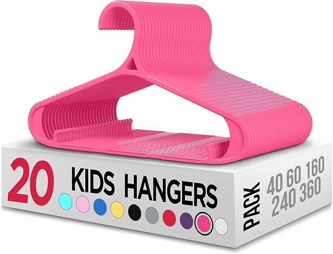 Utopia Home Kids Hangers 20 Pack - 11 Inch Plastic Baby Hangers for Closet - Childrens Hanger for Clothes & Infant Hanger for Closet - Non-Slip Shoulder Grooves, Strap Hooks & Pants Bar (Pink)