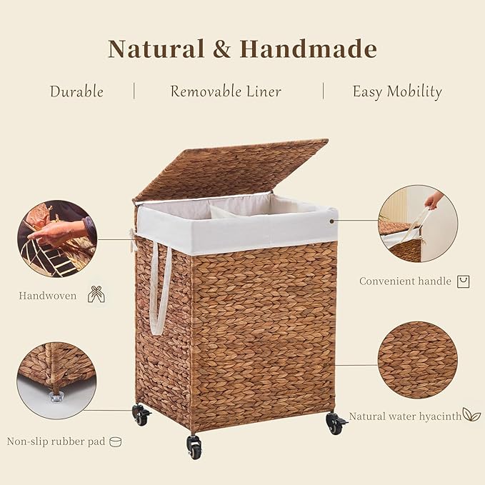 2-Section Laundry Hamper with Lid, Large Capacity Woven Natural Water Hyacinth Laundry Sorter with Removable Liners, Rolling or Non-Slip Design for Bedroom (Espresso, 100L)