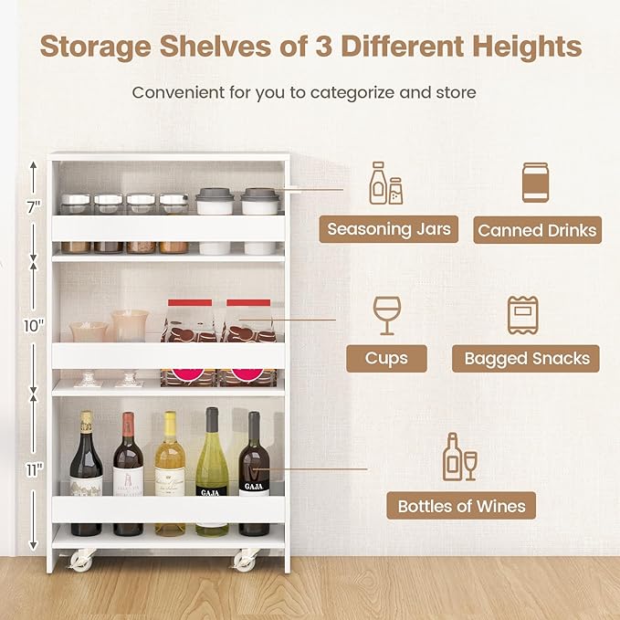 Slim Storage Rolling Cart, 4-Tier Side Out Shelving Unit with Handle, Mobile Organizer Utility Cart on Wheels for Laundry, Bathroom, Office, Kitchen, Narrow Places (White)