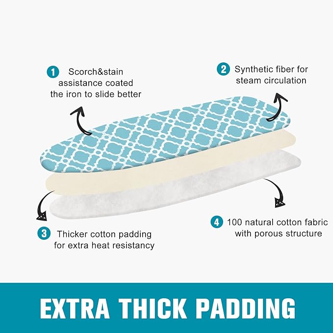 Ironing Board Cover and Pad, Standard Size 12" x 42" Iron Board Replacement Cover, 4 Layers Extra Thick Iron Board Cover Resist Scorching and Staining with Elastic Edge and 2 Fastener Straps