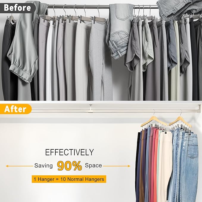 Legging Organizer for Closet, Wooden Yoga Pants Hangers 2 Pack with 10 Clips Holds 20 Leggings, Space Saving Hanging Closet Organizer, Closet Organizers and Storage, Dorm Room Organization