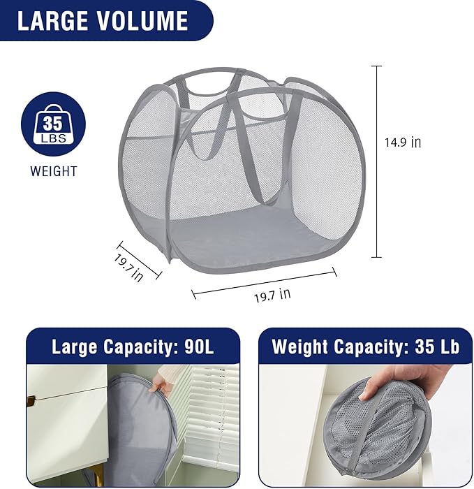TECHMILLY Collapsible Mesh Pop Up Laundry Hamper with Strong Handles, Large Opening Clothes Hamper with Side Pockets, Storage Baskets for Dorm, Laundry Room, Bathroom or Travel (Grey, 90L)