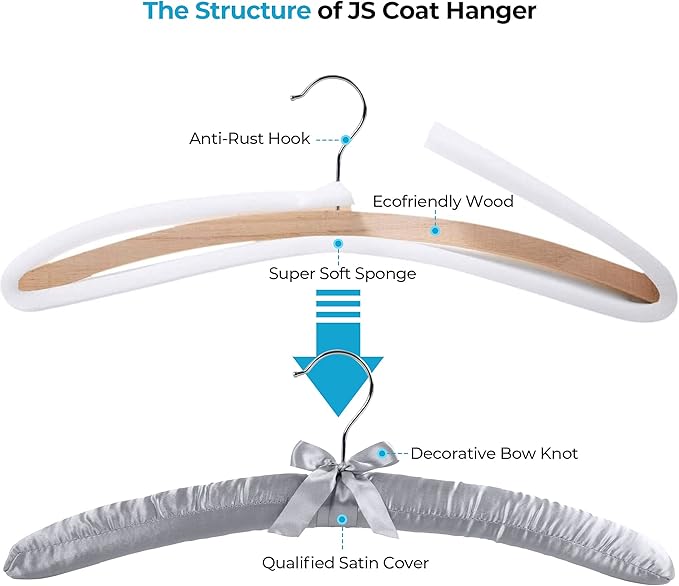 JS HANGER Padded Hanger for Sweaters - 17 Inch Extra Large Heavy Duty Satin Covered Coat Hangers No Shoulder Bump for Women Clothes, Sweaters, Dresses, Clothing, Weddings, Lingerie Pack of 10, Grey