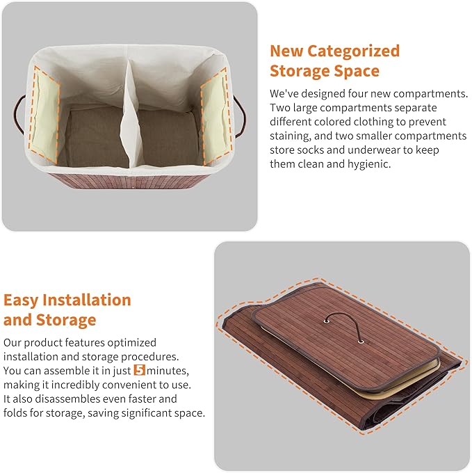 GarveeHome Folding Bamboo Laundry Hamper with Lid, 28 Gal /106L Wooden Laundry Basket with Washable Liner Bag, Slim Clothes Storage Hamper for Small Bedrooms Apartments Dorms, Brown