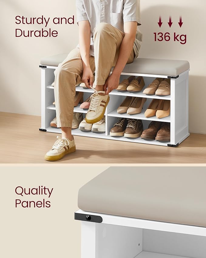 VASAGLE Shoe Storage Bench with Removable Cushion, Shoe Rack with Padded Seat, Entryway Bench with 6 Open Compartmens, Adjustable Shelves, for Hallway, Bedroom, Cloud White ULSB105W01
