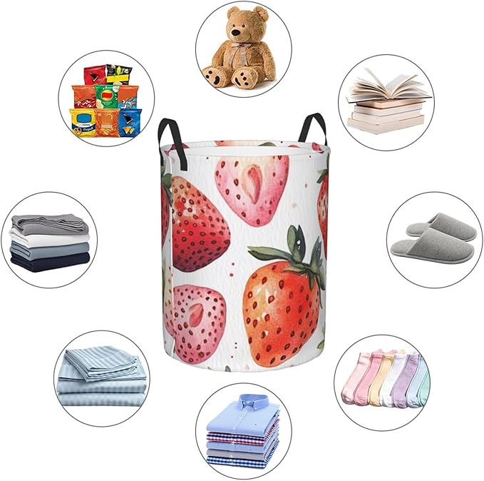 Pink Strawberry Print Laundry Basket For Storage Bins Gift Baskets Bedroom Clothes Hamper