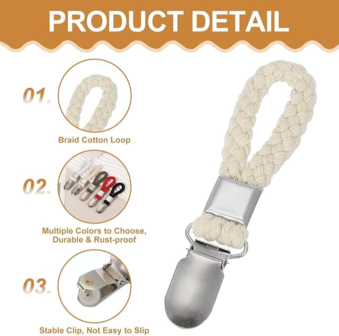 uxcell 4 Pcs Tea Towel Clips with Cotton Loop for Hanging, 4.3 Inch Metal Towel Hooks Multipurpose Cloth Hangers for Home Kitchen Bathroom, Beige