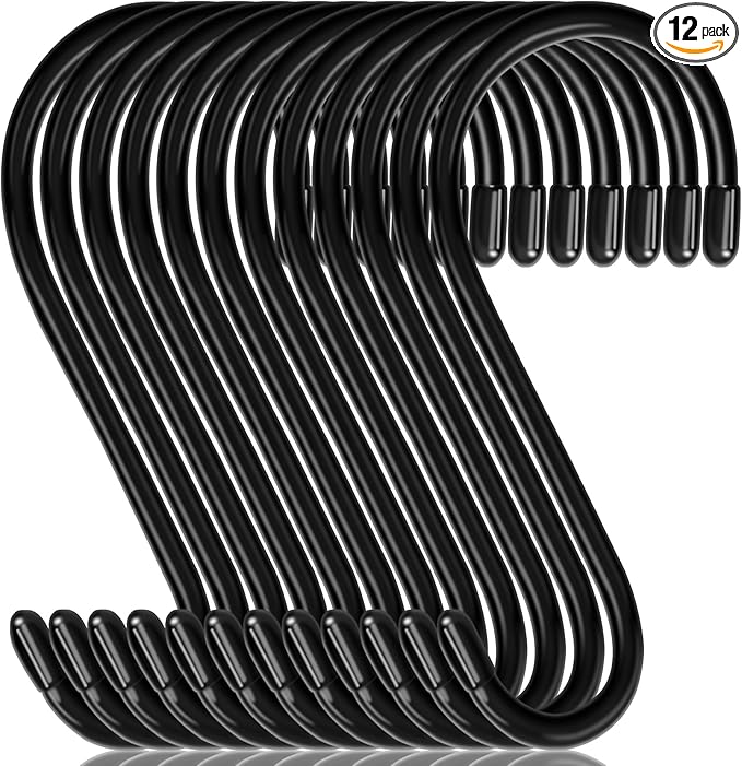 12 Pack 6 Inch Large S Hooks, Heavy Duty Vinyl Coated Non-Slip Metal Black Hooks for Hanging, Closet Kitchen Bathroom Garden Hooks for Pots Pans Clothes Plants Jeans Towels
