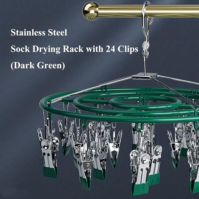Stainless Steel Coat Sock Drying Rack with 24 Clips, Swivel Hook Windproof Clothes Hanger Rack for Sock Bras Towel Underwear Hat Scarf Gloves Pants Laundry Clothes (Emerald Green Clips)