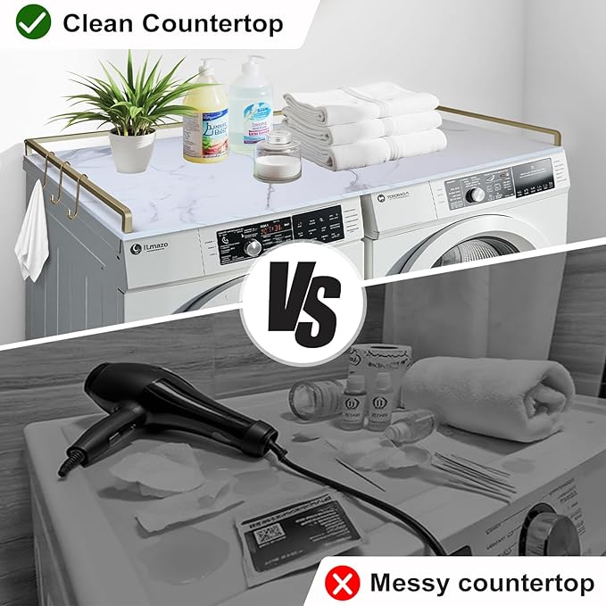 Washer Dryer Countertop, 27.5" D x 54" W Wood Washer Dryer Shelf Topper with 2.6" H Metal Edge and Anti-Skid Pads, for Laundry Room Storage and Organization, Folding Clothes(White)