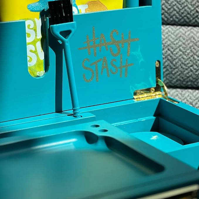 The OG Stash Storage Box - Large Bamboo Box with Combination Lock, Magnetic Lid, Organizer Tray, 3 Jars, Brush and Tube - Decorative Wooden Locked Storage Box with Accessories (Teal/Gold)