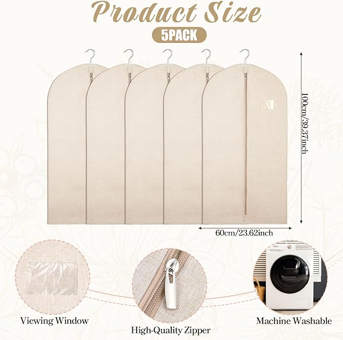 5 Pack Plastic Garment Bags for Hanging Clothes, 24 x 40 Inch Breathable Canvas Suit Bags Linen Hanging Suit Cover for Closet Storage Short Dresses Suits Gowns Travel Garment Cover