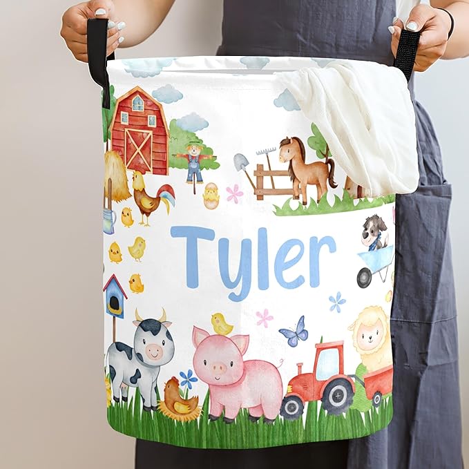 Large Custom Name Laundry Hamper, Farm Personalized Dirty Clothes Hamper Storage Basket with Name for Bathroom Bedrooms, Customized Name Circular Hamper with Handles for Baby Boys Girls Men Women