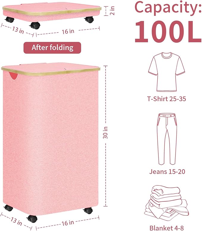 Pink Hamper with Wheels - 100L Large Laundry Hamper with Lid, Rolling Hamper on Wheels, Collapsible Laundry Basket with Removable Mesh Bag and Bamboo Handle for Easy Carrying