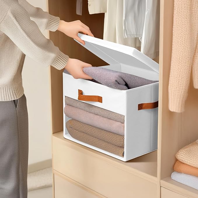 Large Storage Bins with Lids - 4 Pack Foldable Decorative Organizers with Clear Windows & Handles, Cube Storage Organizers for Clothes, Blankets, Sweaters, CD, White