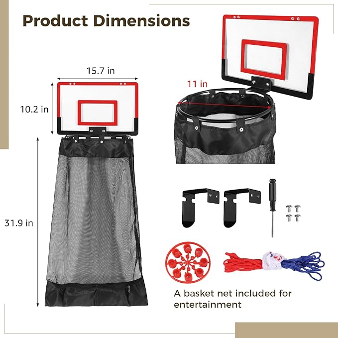 Over the Door Basketball Laundry Hamper, Hanging Laundry Basket with Basketball Hoop, Basketballs Laundry Hamper with Zipper, Removable Basketballs Hoop Laundry for Room Bathroom (Red)