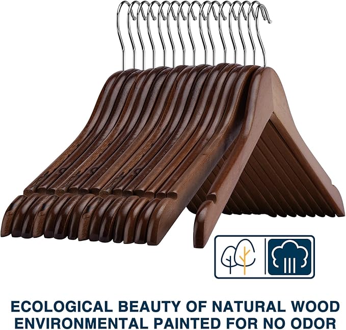 Wooden Hangers 20 Pack - Sturdy Walnut Hangers for Shirts, Coats & Dresses - Ideal for Laundry & Everyday Use