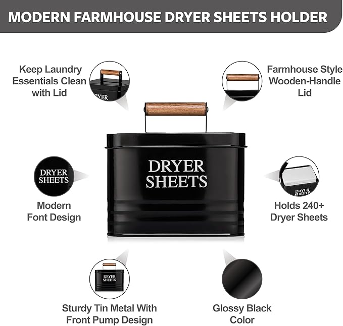 Calindiana Modern Farmhouse Metal Laundry Dryer Sheets Holder Fabric Softener Dispenser with Lid for Laundry Room Decor and Accessories and Space Saving Laundry Organization and Storage, Glossy Black