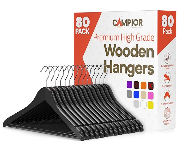 Black Wooden Hangers 80 Pack – Heavy-Duty with 360° Swivel Hook, Non-Slip, Pants Bar & Shoulder Grooves - Wooden Hangers for Suits, Jackets, Dresses & Camisoles, Space-Saving and Smooth Finish