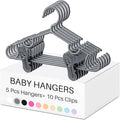 Hsei 5/10/40 Pack Baby Hangers with 10/20/80 Clips, Plastic Kids Pants Hangers for Nursery Closet Top and Bottom Clothes Hanger Set for Newborn Infant Toddler(15 Packs Total,Gray,10.6 Inch)