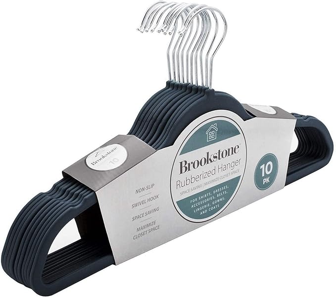BROOKSTONE, 10 Pack [Non-Slip] High Grade Rubber Coated Plastic Hangers, Ultra Slim Lightweight Design, Heavy-Duty, Won’t Stain Fabric, Swivel 360° Hook
