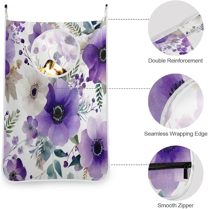 Purple and White Silver Lotus Flowers and Berries Hanging Laundry Hamper Door Hampers Bag Basket with Stainless Steel Hooks Oxford Fabric Printing Decorative Clothes Bags 29.5X20inch 2Pack