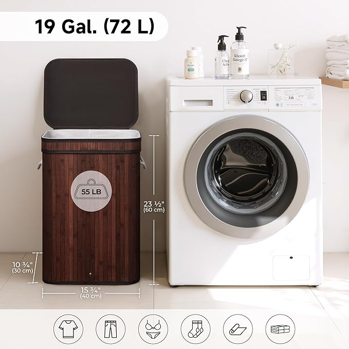 StorageWorks Laundry Hamper with Lid, Foldable Bamboo Laundry Basket, Clothes Hamper with Handles, Organizer and Storage for Laundry Room, Bedroom, Dorm, Brown