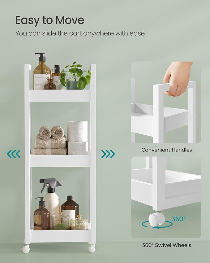SONGMICS Bamboo Rolling Cart, 3-Tier Utility Cart on Wheels, Slim Narrow Storage Shelf, Bamboo Shelves, Space-Saving, Multifunctional, for Bathroom, Kitchen, White UBCB083W01