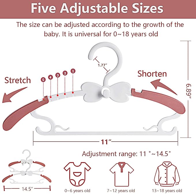 Baby Hangers for Closet, Adjustable Kid's Hangers for Nursery, Toddler, Child Clothe, Everyday Standard Use, Cascading Plastic Hanger Ideal for Girl Dress, Clothing, Pant, Coat, Red & White, 20 Pack