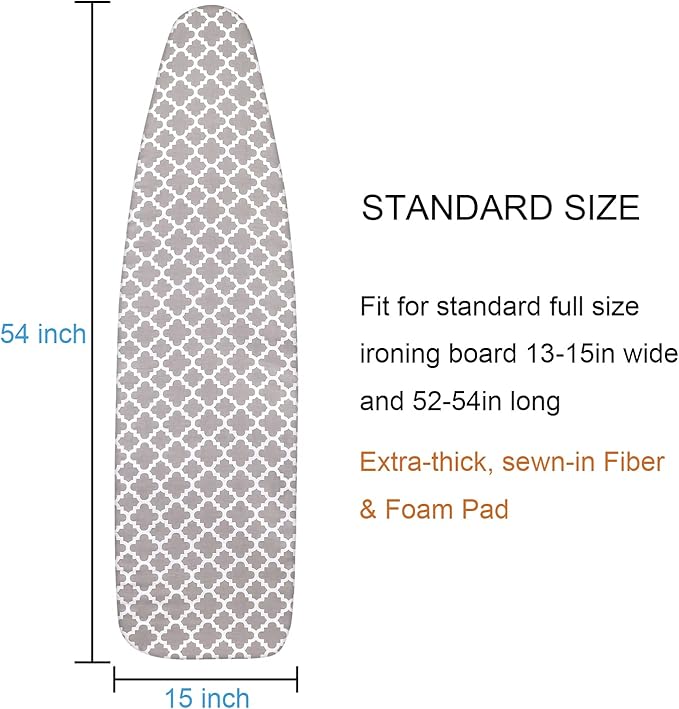 Ironing Board Cover and Pad, 15x54 Standard Size Thick Iron Padding, Scorch & Stain Resistant Ironing Board Cover, Heavy Duty Iron Board Padded with Adjustable Fasteners Elastic Edge, Quatrefoil