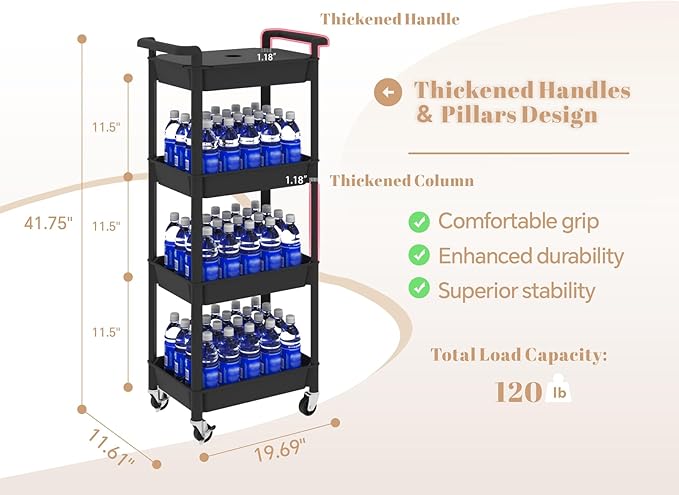 MIOCASA Utility Rolling Cart with Detachable Tray Top, 4-Tier Kitchen Storage Organization, Art Cart with Wheels for Office, Classroom, Livingroom, Kitchen, Bathroom (Black, 4-Tier-Plastic)