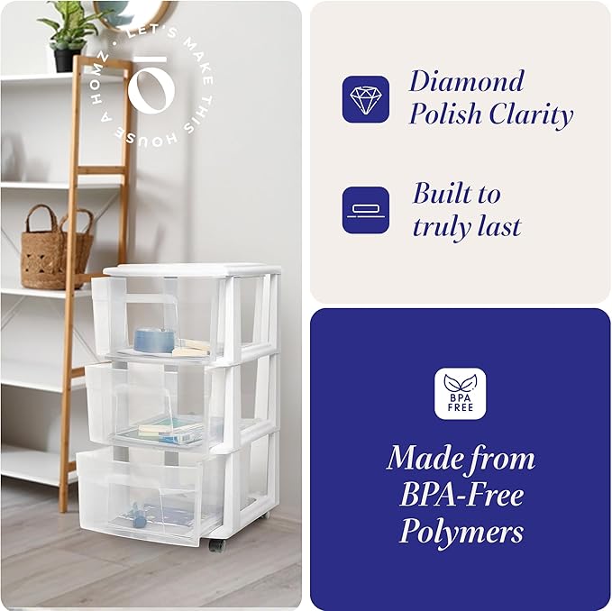 HOMZ Drawer Tower, 3-Tier Rolling Storage Cart with Removable Wheels, White Frame – Plastic Organizer with Clear Bin Drawers for Bedroom, Bathroom, Home Office, and Dorm Room