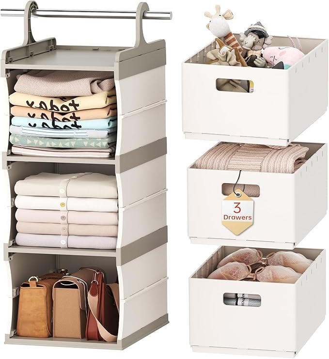 HAIXIN 3-Shelf Hanging Closet Organizer with 3 Removable Drawer & 6 Dividers, Plastic Hanging Shelves Foldable Closet Organizer and Storage Drawer for Bedroom, Wardrobe, Garment Racks, RVs
