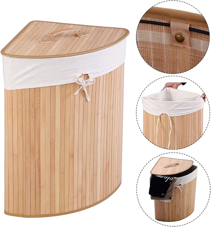 GOFLAME Corner Bamboo Laundry Hamper with Lid and Removable Liner, Washing Clothes Basket Storage Bin with Handle, Suitable for Bedroom, Bathroom, Laundry (Natural)