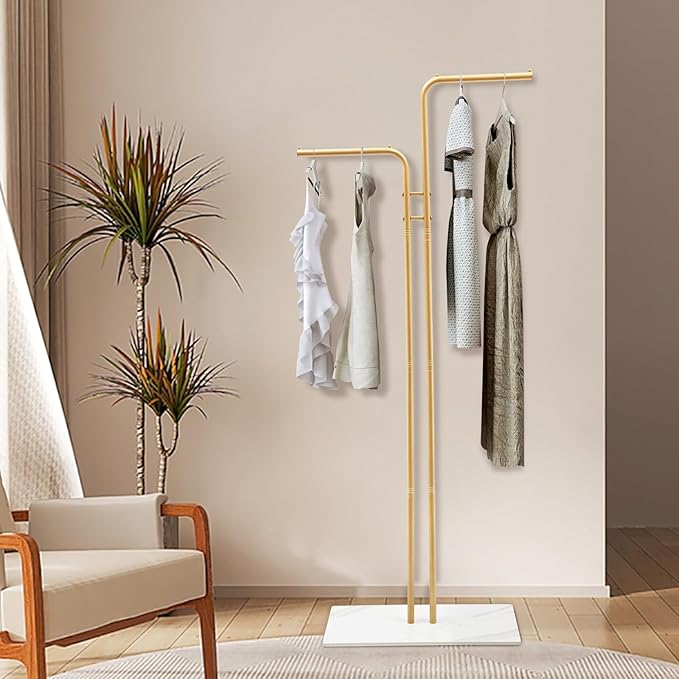 67in-Gold Clothing Rack with Base, Double Rod Freestanding Coat Rack Hanging Clothes, Bags, Hat and Shoes for Entryway Bedroom Garment Organizer, Clothing Stores Boutique Retail, Studio
