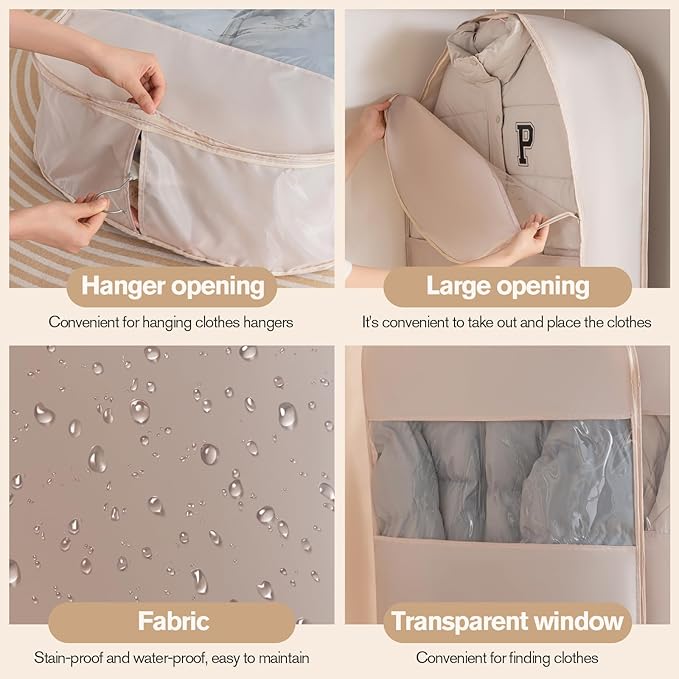 2 Packs Breathable Hanging Garment Bags for Clothes & Suits - 52" Fabric Suit Bags for Closet Storage, Garment Covers for Coats, Dresses, Jackets, Shirts, Wardrobe Protector (ecru)