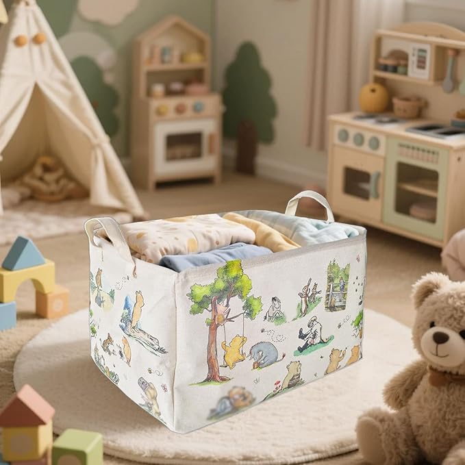 Winnie Laundry Storage Basket, Pooh Storage Basket, Foldable Canvas Laundry Hamper with Waterproof PE Coating Diaper Clothes Toys Storage, Storage Baskets for Nursery, Bear Baby Shower Gifts