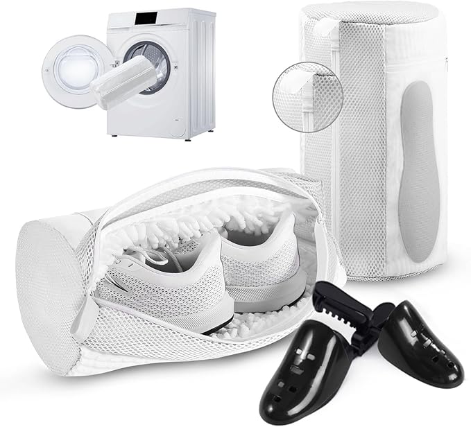 Shoe Washing Machine Bag 2pcs-Reusable Laundry Shoe Bag with Hidden Zipper, 360° Deep Protective XXL Cleaning Bags for Washer and Dryer，Shoe Trees for Sneakers Tennis- Home Travel Essentials, White
