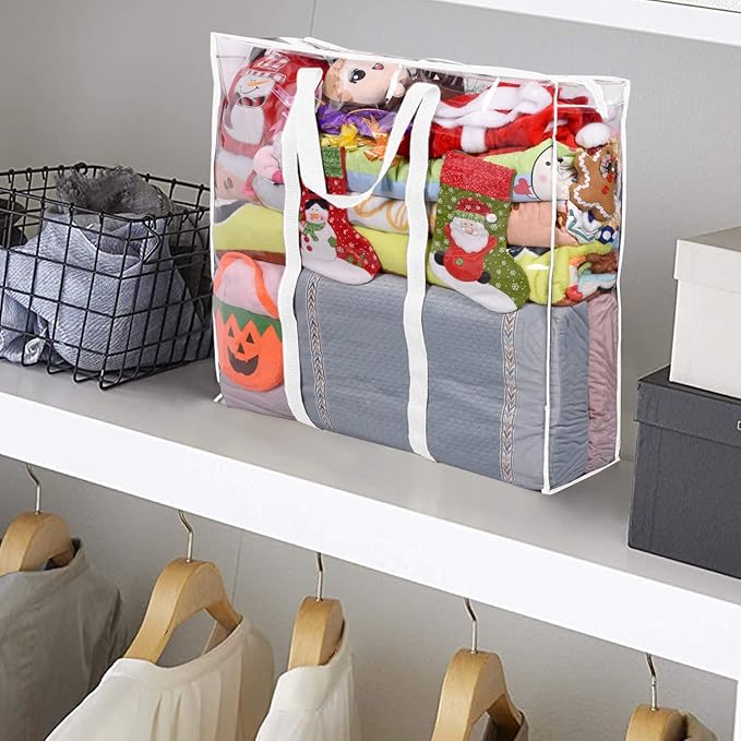 ProPik Clear Storage Bag Gift Wrap Clothes Organizer Big Zippered Christmas Decorations Storage Vinyl Bag for Under Bed Moving Bedding Linen Pillow Blanket Cloth Bag Reinforced Handles (White, 3)