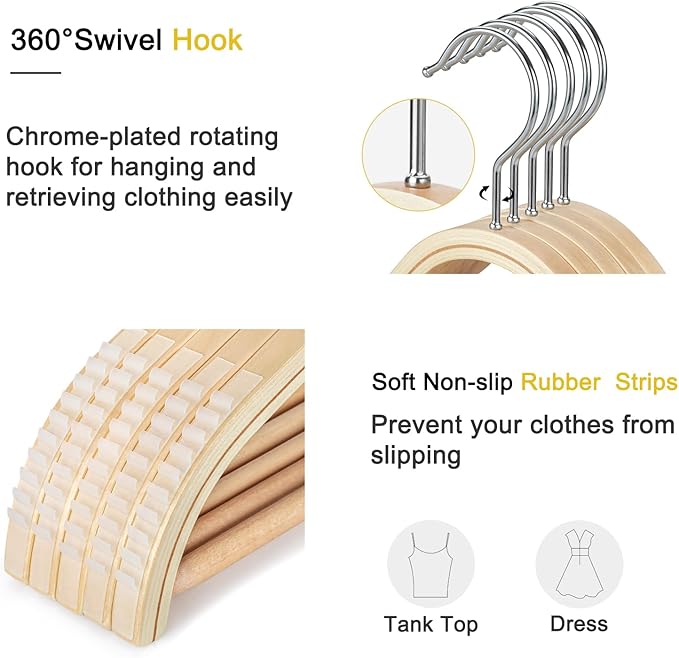 TOPIA HANGER Sleek Wooden Hangers with Non-Slip Rubber Grips, Sweater Hangers No Shoulder Bump, Lightweight Clothes Hangers 20-Pack, 360° Swivel Hook and Pants Bar-CT63N20