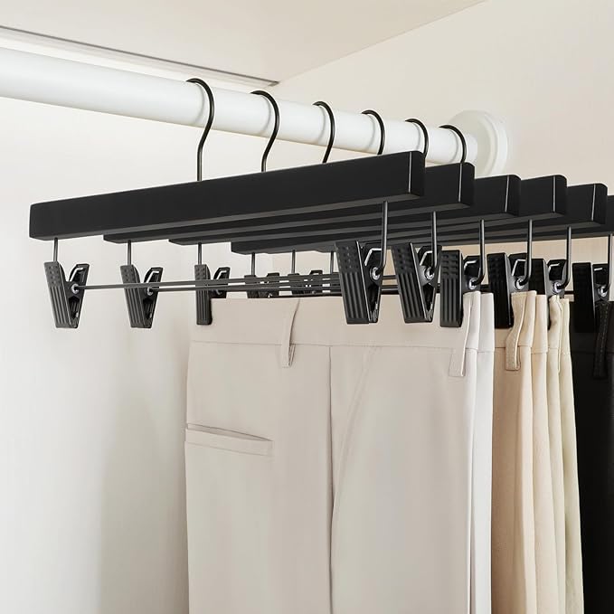 TOPIA HANGER Wooden Pants Hangers 10 Pack, Black Skirt Hangers with Clips and Rotatable Hook, Durable Natural Rubber Wood Organizer for Skirts, Pants, Jeans, Shorts - CTS02B