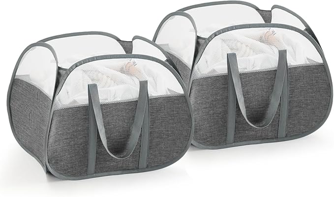 TECHMILLY Pop Up Foldable Laundry Basket, 90L Large Capacity Square & Tear Proof Laundry Hamper with Reinforced Handles for Dirty Clothes Storage in Dorm, Laundry Room, Bathroom, Grey(Fabric), 2 Pack