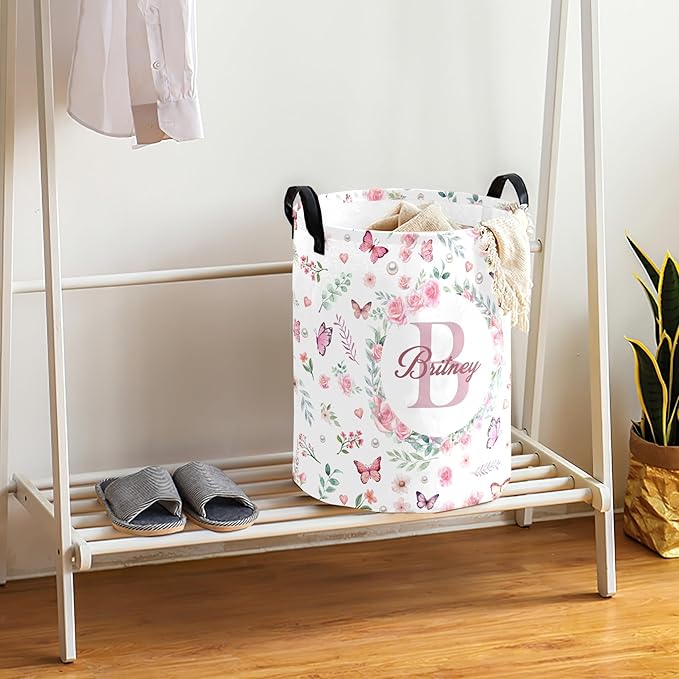 Large Custom Name Laundry Hamper, Flowers Personalized Dirty Clothes Hamper Storage Basket with Name for Bathroom Bedrooms, Customized Name Circular Hamper with Handles for Baby Boys Girls Men Women