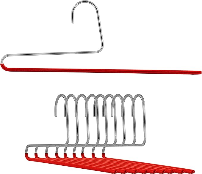 Mawa by Reston Lloyd Reverse Hook Trouser Series Non-Slip Space-Saving Clothes Hanger with Single Rod for Pants, Style KH/35U, Set of 10, Red
