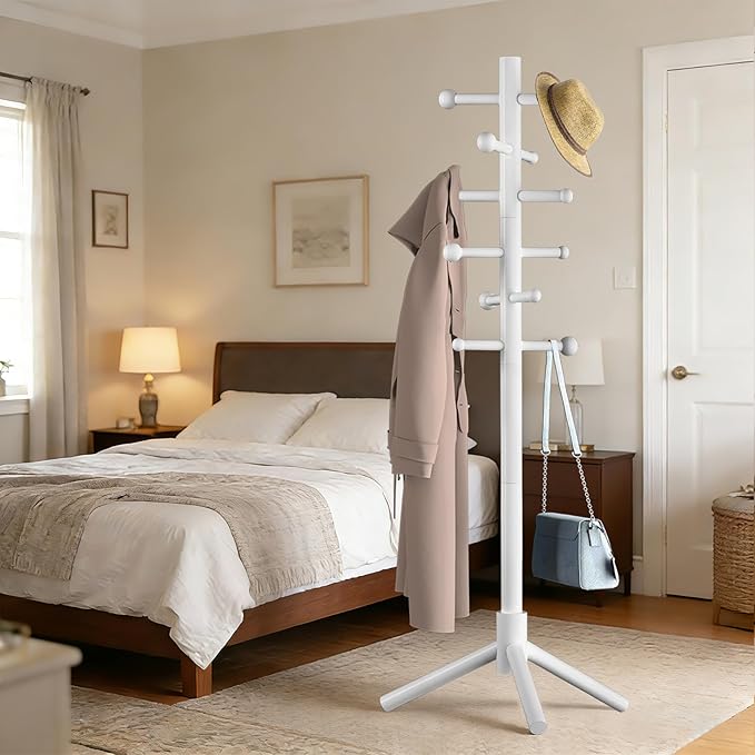 Wooden Coat Rack Freestanding with 12 Hooks 3 Adjustable Heights，Standing Coat Rack Tree for Hat and Coat Rack for Small Spaces Entryway,Office,Bedroom,White